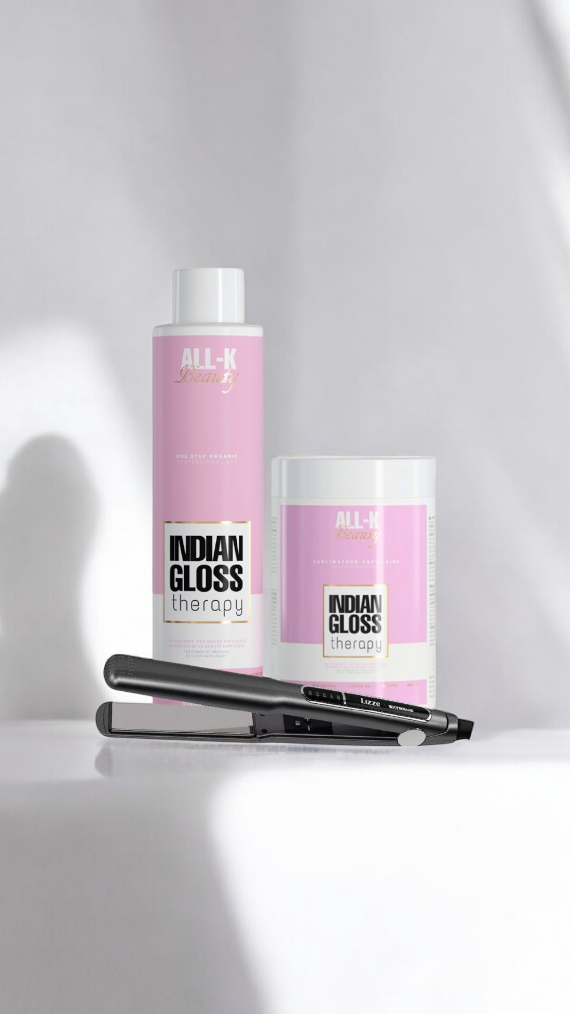 Offre spéciale Trio indian Gloss Therapy - Lissage Indien Permanent + botox + fer à lisser - All-k Beauty ( lot )