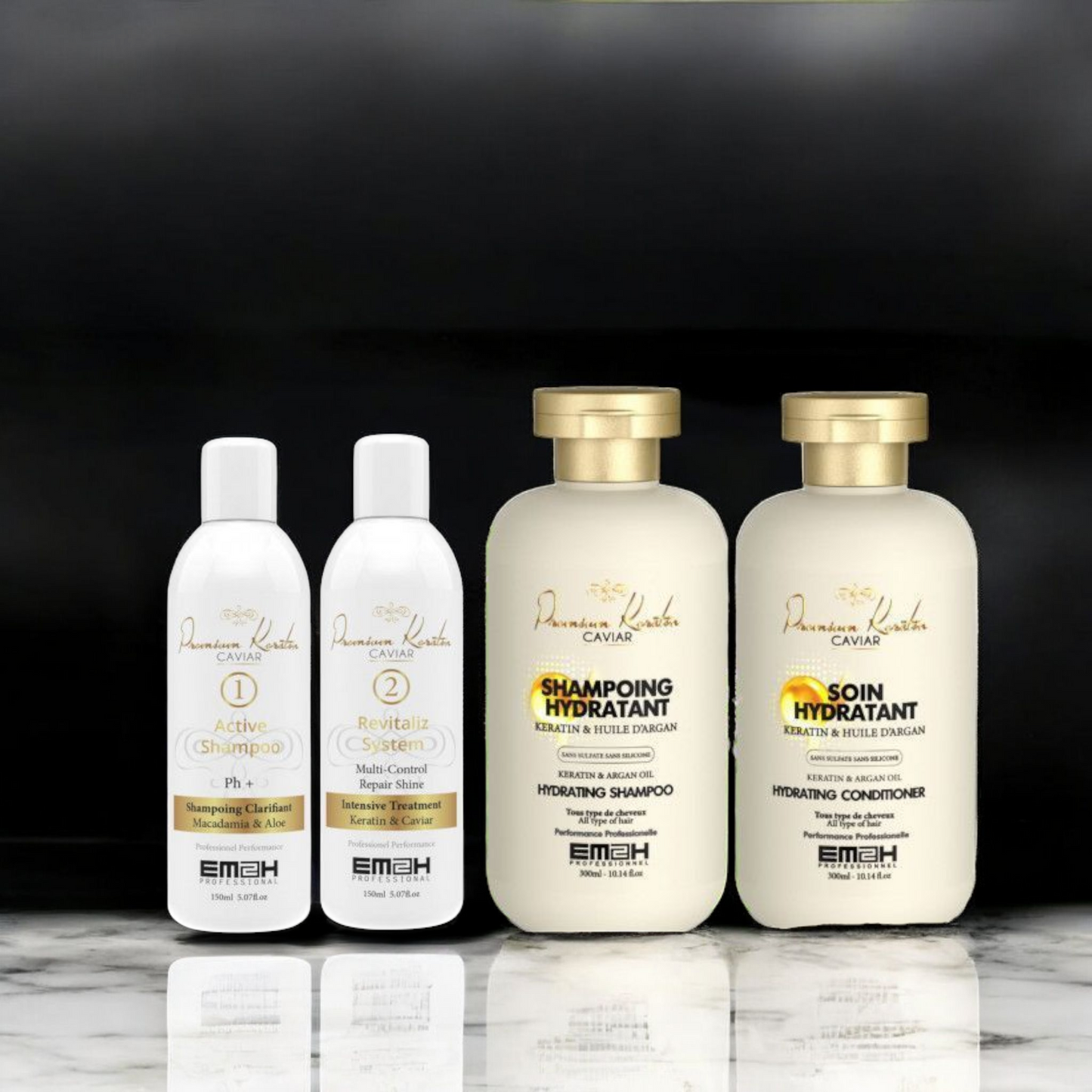 Pack Cheveux sensibilisés: Em2h premium keratin caviar Lissage + Entretien