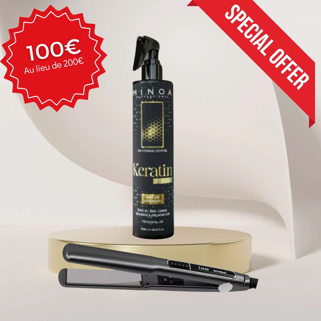 OFFRE SPECIALE  duo lissage keratin spray Minoa + fer à lisser Lizze extrême