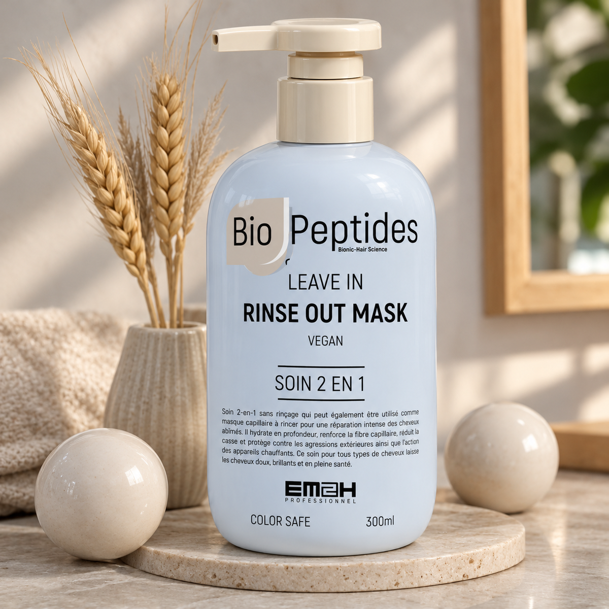 Masque réparateur 2 en 1 leave-in et rinse out Biopeptides Em2h 300 ml, soin vegan color safe pour cheveux abîmés