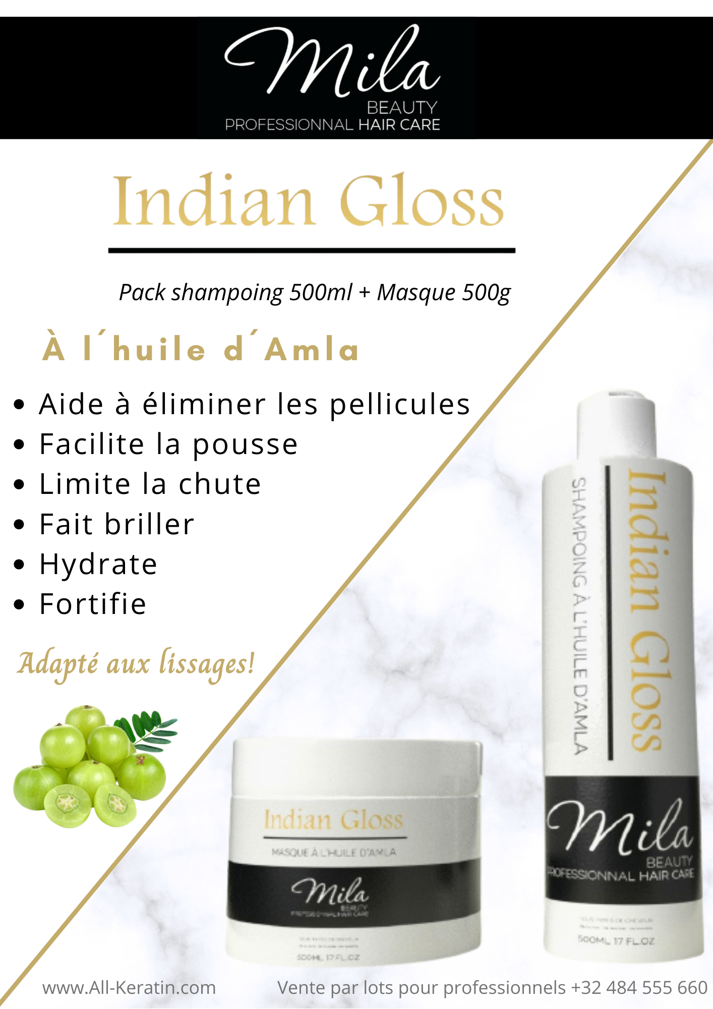 Lot 10 x duo Indian Gloss à l'huile d'Amla - Shampoing 500ml et masque 500g  - All-k Beauty